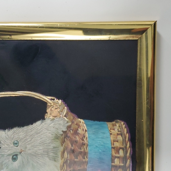 Vtg 80s cat in a basket foil framed art ltd #6013 kafka industries - Picture 5 of 6